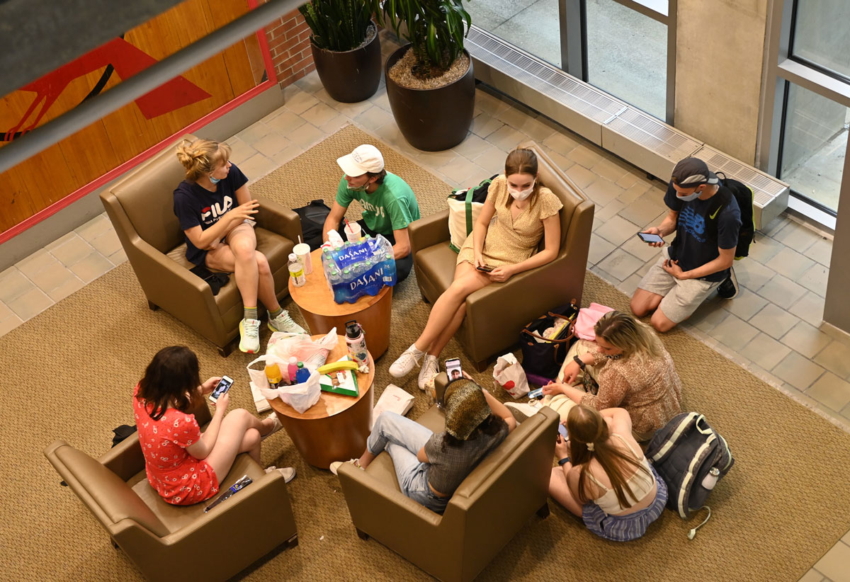 overhead view of students sitting in the lower level of the Pryz