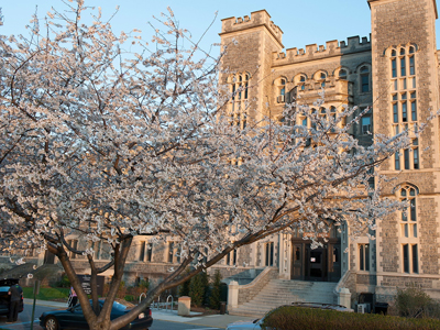 Gibbons Hall with cherry blossoms